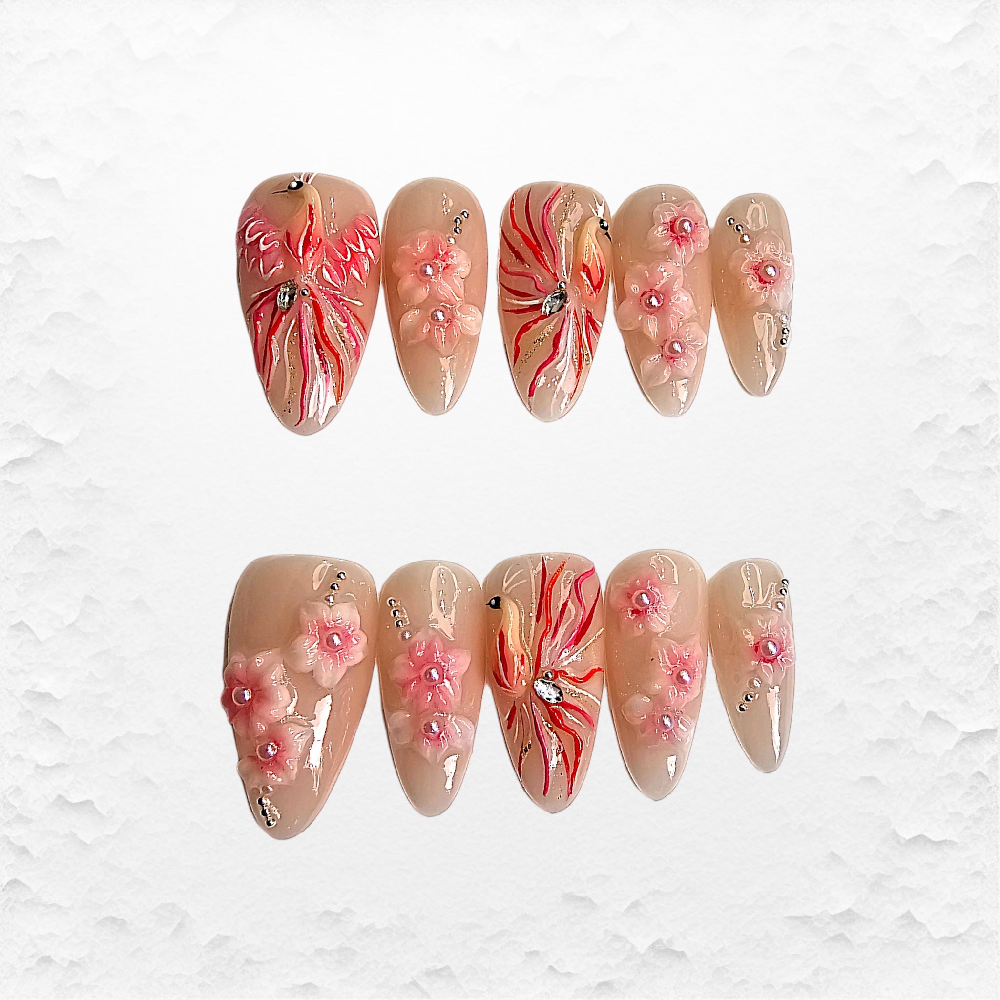 Premium handgjorda Press on nails, mediumlånga mandel Phoenix