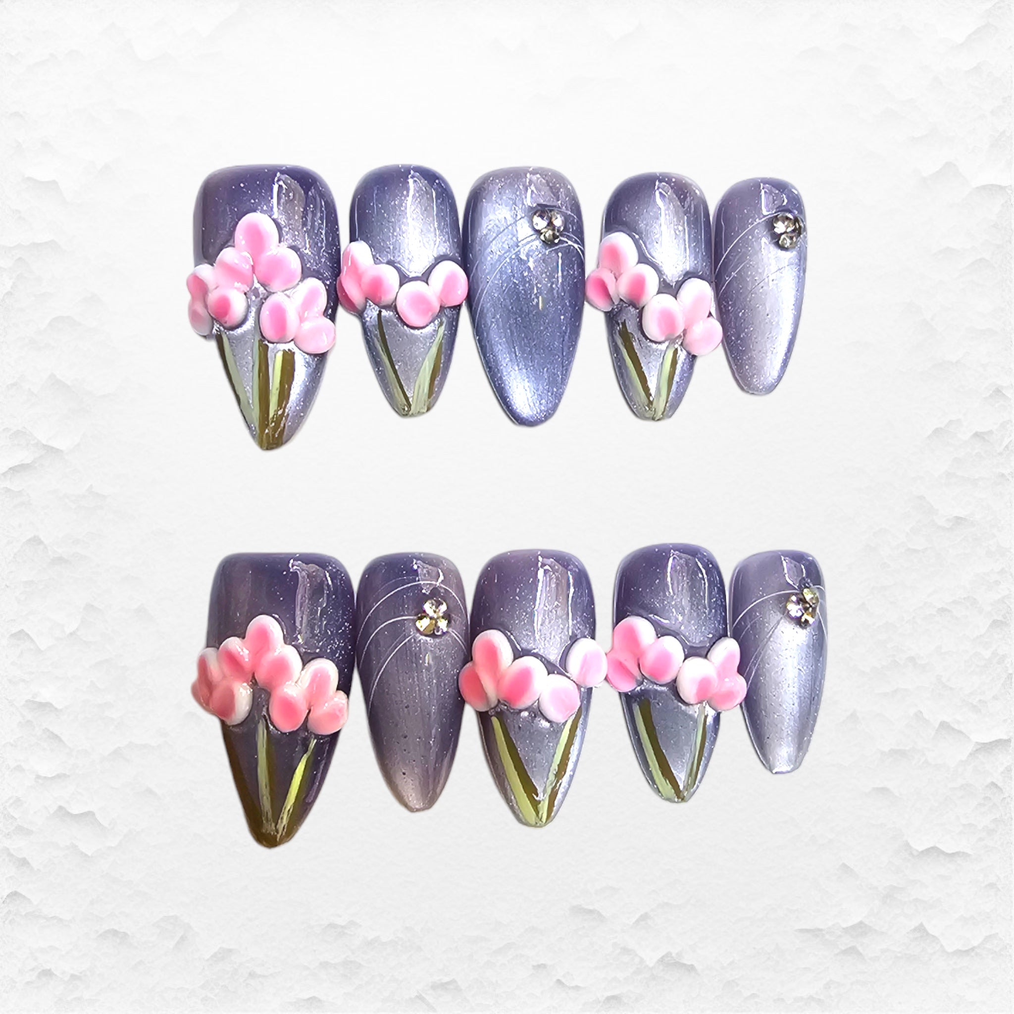 Premium Press on nails, Ovala med blommor