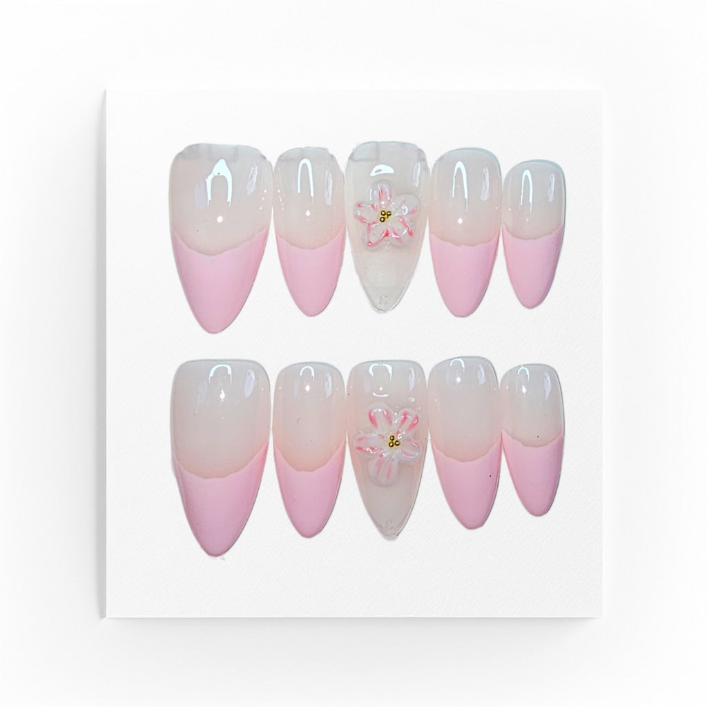 Handgjorda press on nails, lmediumlånga madlar 3D blomma
