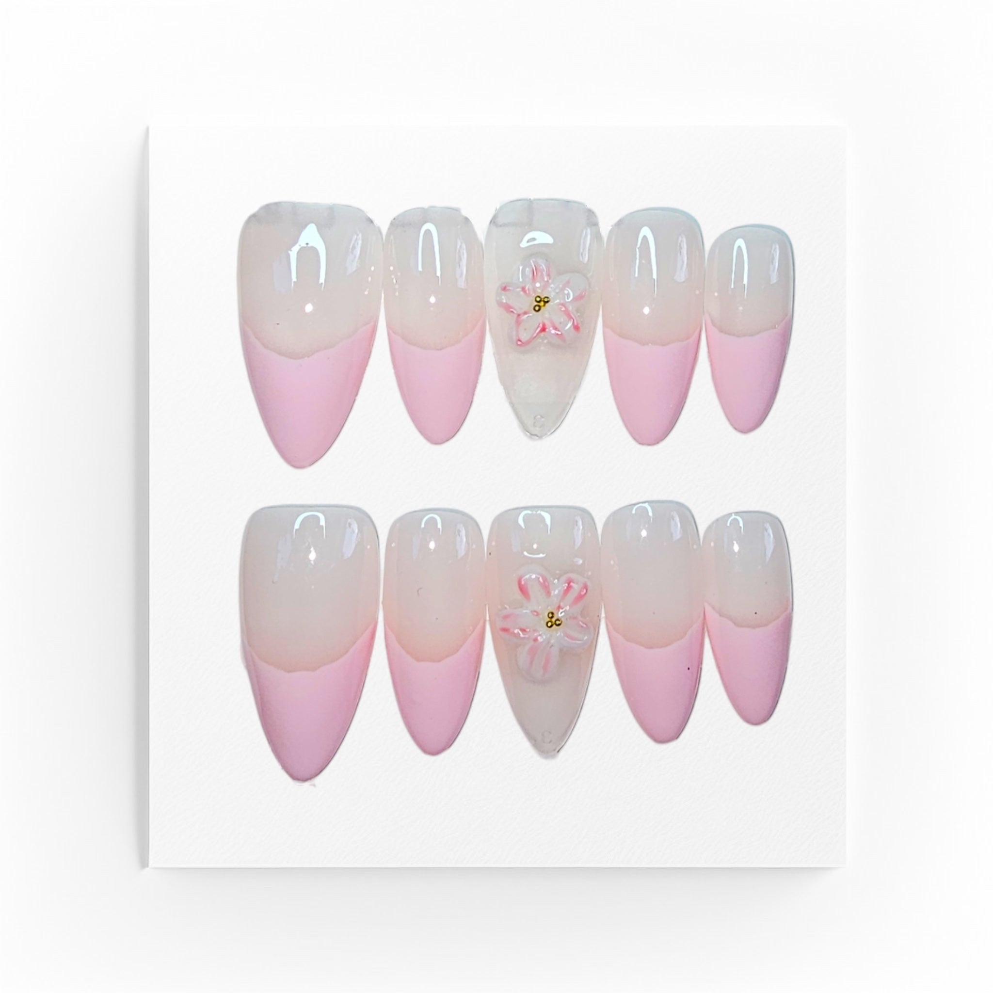Handgjorda press on nails, lmediumlånga madlar 3D blomma